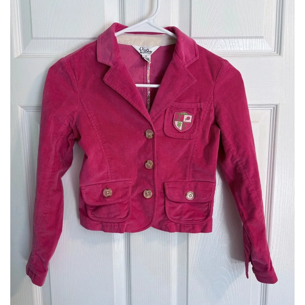 Lilly Pulitzer Blazer Size 10 Pink Corduroy Crest Patch Button Up Jacket